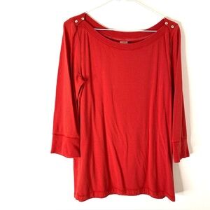 Akemi + Kin Anthropologie Red Ribbed Button Shoulder Boat Neck Long Sleeve Top